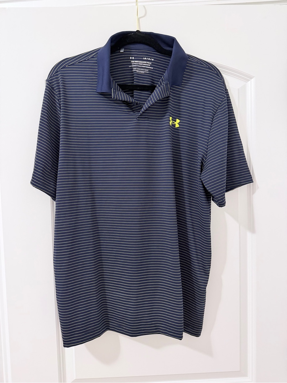 Men’s Under Armour Golf Performance Polo Navy Blue w/ Yellow Stripes Size Large